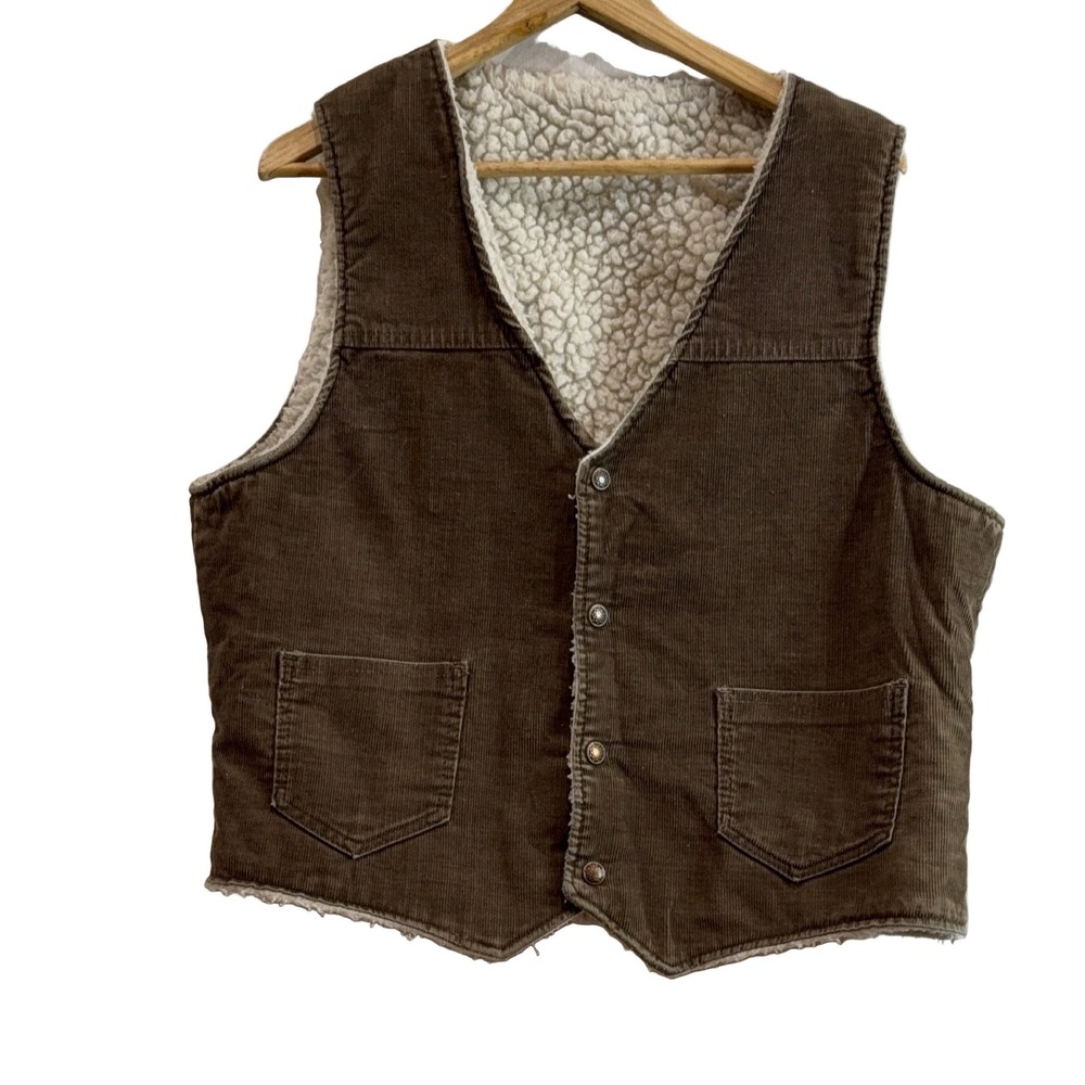 Brown Corduroy Sherpa‎ Lined Vest Button Front Pockets Vintage